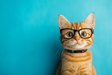 Orange kitten with glasses looking straight ahead.