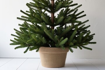 Fototapeta premium Festive Christmas Fir Tree in Rustic Burlap Pot Against Bright White Background