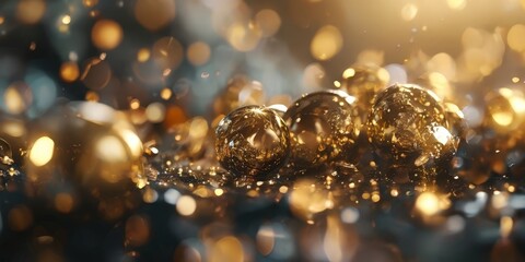 Golden spheres float amidst a sea of shimmering lights, creating a and festive atmosphere.