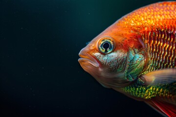 Naklejka premium Mystic portrait of Gourami in studio, copy space on right side, Anger, Menacing, Headshot, Close-up View, isolated on black background