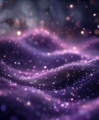 a abstract scene of shimmering particles and waves, with a gradient of purple and blue hues. The particles are scattered throughout the image, creating a sense of movement and