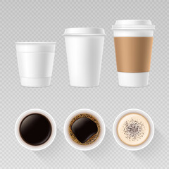 Realistic set of paper craft and plastic disposable cup of take-out coffee in top and side view. Cup of hot americano, espresso, cappuccino, latte design elements for mockup.