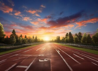 Fototapeta premium A long, straight running track stretches out into the distance, flanked by a line of trees on either side. The track is bathed in the warm glow of a setting sun, casting long
