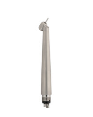 Dental turbine handpiece with shadowless LED and spray and angled head. Dental instrument. Oral treatment equipment. Medical inventory. Side view. Isolate on white background. Copy space.