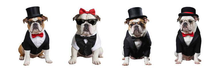 Set of cute animals. bulldog wearing hat and glasses, isolated on transparent background