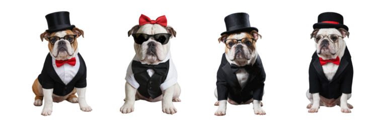 Set of cute animals. bulldog wearing hat and glasses, isolated on transparent background