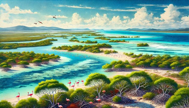 A watercolor of Morrocoy National Park, featuring turquoise waters, sandy beaches, mangroves, and wildlife.