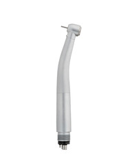 Metal-bodied dental turbine handpiece without light for use with burs. Dental equipment, inventory. Modern Instrument for dental treatment. Oral care. Side view. White background. Isolate. Copy space.