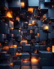Obraz premium complex arrangement of black cubes, each illuminated by a warm orange light, creating a visually striking and abstract composition.