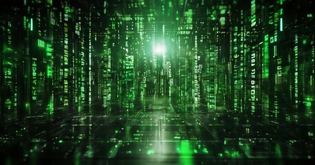 Fototapeta premium futuristic cityscape, characterized by a dense array of tall buildings with numerous windows, all illuminated by a green glow. The buildings are arranged in a grid-like pattern,