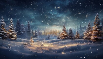 A serene winter landscape features a snowy forest with snow-covered trees and a starry night sky.