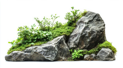 Natural landscape with rock and greenery in the garden isolated on white background for graphic design.