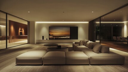 Fototapeta premium Contemporary living room design with a modular sofa facing a media wall, enhanced by subtle recessed lighting.
