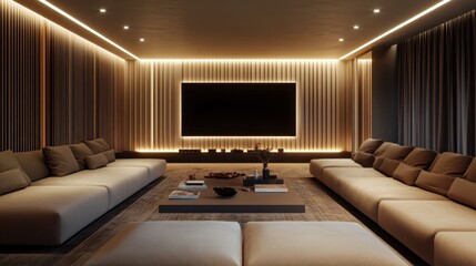 Contemporary living room design with a modular sofa facing a media wall, enhanced by subtle recessed lighting.