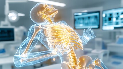 A human skeleton with a translucent blue color in a high-tech medical room, with the pelvis highlighted in glowing yellow light, clearly showing its anatomical structure. 