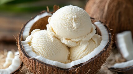 Creamy coconut milk ice cream is scooped into a young coconut with the lid open, inviting you to taste the tropics.