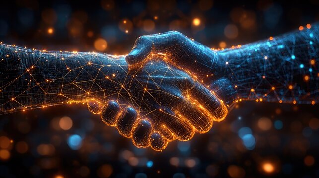 Handshake in Cyber Style: A Visual Representation of Digital Collaboration and Connectivity in Warm Tones