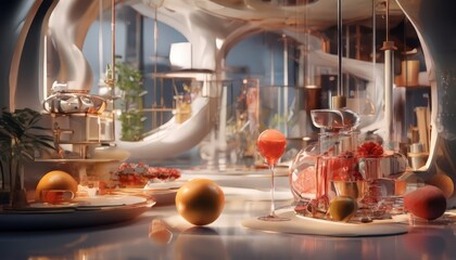 a futuristic, high-tech kitchen with a sleek, curved design, featuring a variety of objects including a wine glass, fruit, and glassware.