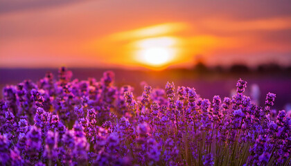 Lavender garden, soft afternoon glow. Field of aromatic purple flowers. Beautiful natural landscape