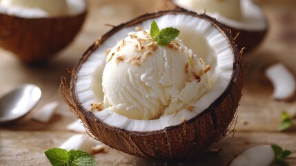Delicious coconut milk ice cream is served in a young coconut, with the lid open, offering a refreshing tropical dessert.