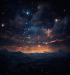 Fototapeta premium A breathtaking night sky filled with twinkling stars and a vibrant orange sunset, with a mountainous landscape in the distance.