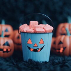 Halloween candy bucket filled with glowing sweets, surrounded by carved pumpkins and spooky decorations, capturing the magic of Halloween night