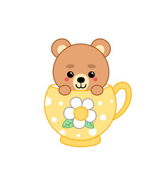 Cute little bear in yellow cup with chamomile. Cartoon, kawaii, vector.