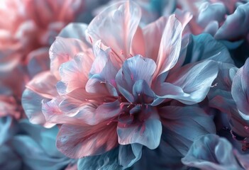 Obraz premium A close-up of a pink and blue flower with delicate petals and a central stamen, set against a blurred background of similar flowers.