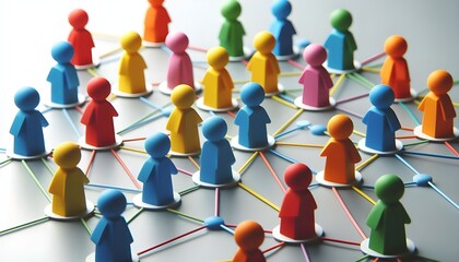 Colorful figurines connected by lines on a network grid illustrating concepts of social networking, community, connectivity, and teamwork in a digital era