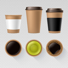 Realistic disposable paper and plastic coffee cup side view and coffee cup top view with espresso, tea, matcha tea, black coffee, green tea, americano. Mockup template for product design.