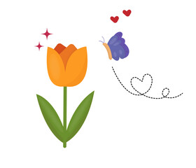 vector of beautiful tulips that will be inhabited by butterflies. Flat design vector. Colorful theme