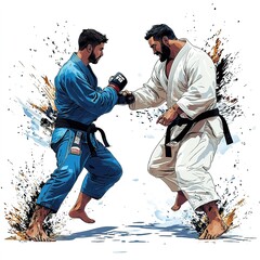 on a white background, comics style, a young brazilian jiu jitsu fighter with a blue belt facing a powerful black belt man
