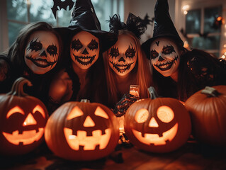 Fototapeta premium Halloween jack o lantern. Halloween party with people in creative costumes and decorations