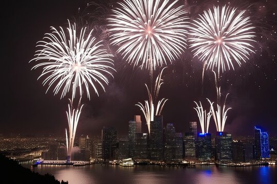 Stunning Silver Fireworks Lighting Up a Mesmerizing City Skyline