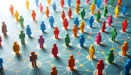 Colorful figurines connected by lines on a network grid illustrating concepts of social networking, community, connectivity, and teamwork in a digital era