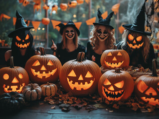 Fototapeta premium Halloween jack o lantern. Halloween party with people in creative costumes and decorations