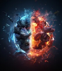 The digital art depicts a fiery battle between two opposing forces, with one side in blue and the other in red, set against a dark background.