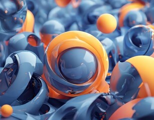 close-up view of a collection of abstract spheres in shades of blue and orange, with some overlapping and others floating in the air, creating a dynamic and visually striking composition.