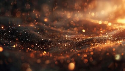 Naklejka premium a dynamic scene of a dark, textured surface with a multitude of small, glowing particles scattered throughout, creating a sense of movement and energy. The particles exhibit a