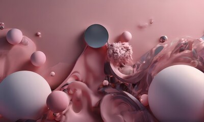 pink abstract composition with various shapes and textures, including spheres, circles, and a central black object.