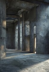 Obraz premium a dimly lit, abandoned interior space with concrete walls and columns, creating a sense of decay and neglect.