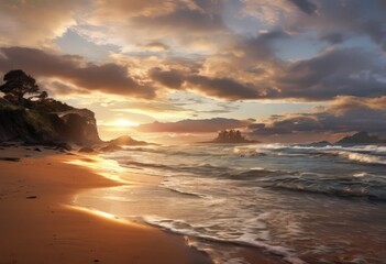 Fototapeta premium A breathtaking sunset over the ocean, with a sandy beach, rocky cliffs, and a small island in the distance.