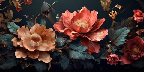 a vibrant floral arrangement featuring two large, pink flowers with yellow centers, surrounded by smaller flowers and leaves in shades of orange and brown against a dark background.