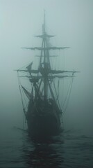 Ghost ship adrift, foggy seas, eerie silence