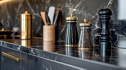 The canned food sits on a dark, elegant countertop with marble accents, alongside high-end kitchen tools like a chef's knife and pepper grinder, exuding sophistication