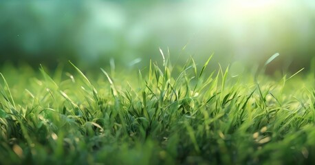 Obraz premium A close-up view of lush green grass with sunlight filtering through the blades, creating a serene and tranquil atmosphere.