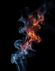 Vibrant flames dance against a dark backdrop, their fiery hues of orange and blue swirling and intertwining in a mesmerizing display.