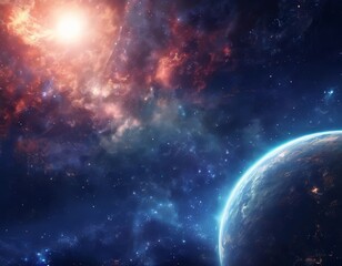 Fototapeta premium a vibrant cosmic scene, featuring a planet with a blue and white surface, surrounded by a starry night sky and a fiery nebula in the background.