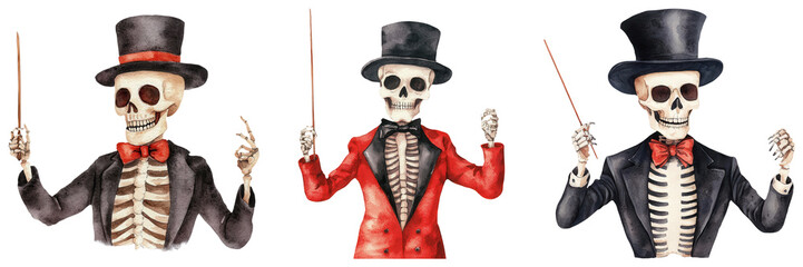 Charming skeleton performers in colorful attire, each holding props, perfect for Halloween and festive celebrations.