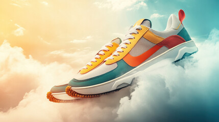 Colorful vintage-style sneakers floating in the clouds, showcasing a blend of orange, yellow, and teal hues against a radiant sky background.
